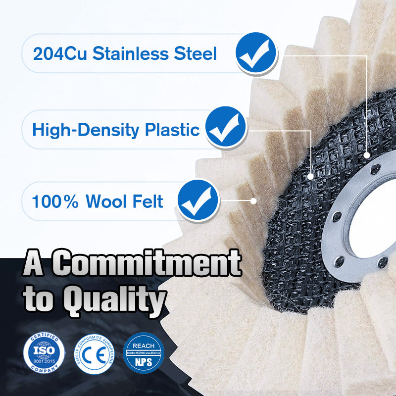 Arenzza wool felt flap polishing disc for high-performance fine polishing, shown in use with a power tool in a workshop setting