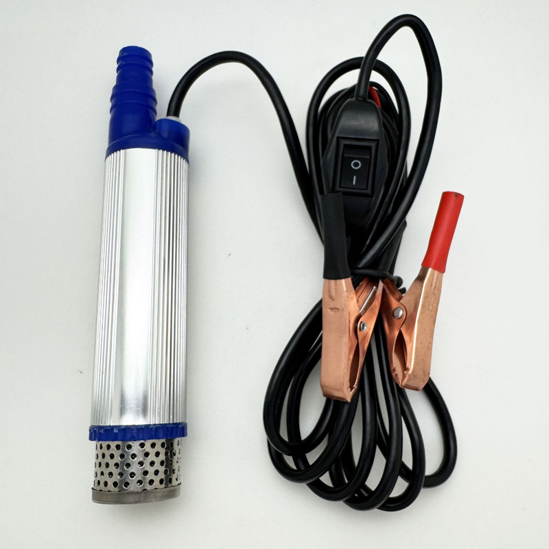 Arenzza portable submersible electric pump with alligator clips, designed for tools and garden use, shown with cables and connectors.