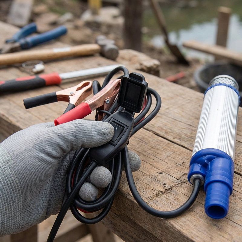 Arenzza portable submersible electric pump with alligator clips, compact tools for garden and water transfer applications.