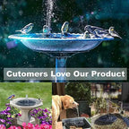 Arenzza solar-powered garden fountain with a tiered design, featuring a water spout and lush greenery background.