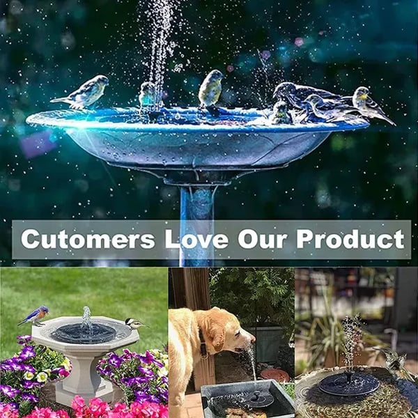 Arenzza solar-powered garden fountain with a tiered design, featuring a water spout and lush greenery background.