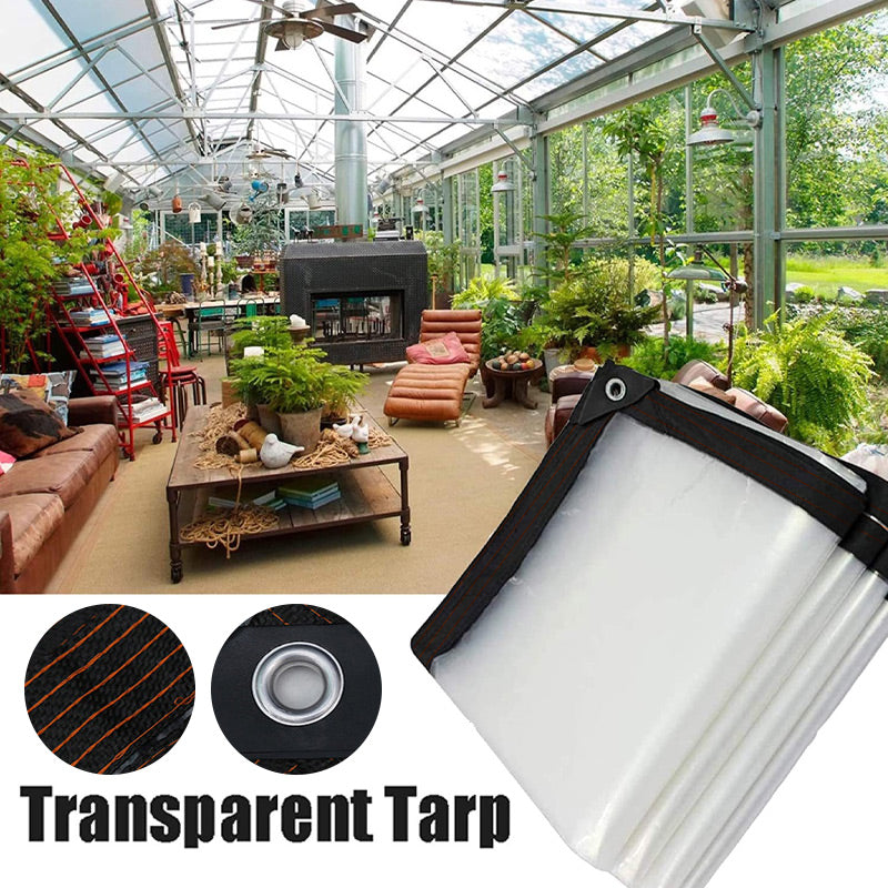 Heavy-duty transparent waterproof insulated tarp by Arenzza, showing durable, clear plastic with reinforced edges for tools and garden use.