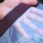 A heavy-duty transparent waterproof insulated tarp from Arenzza, showing reinforced edges and clear waterproof material for outdoor protection.