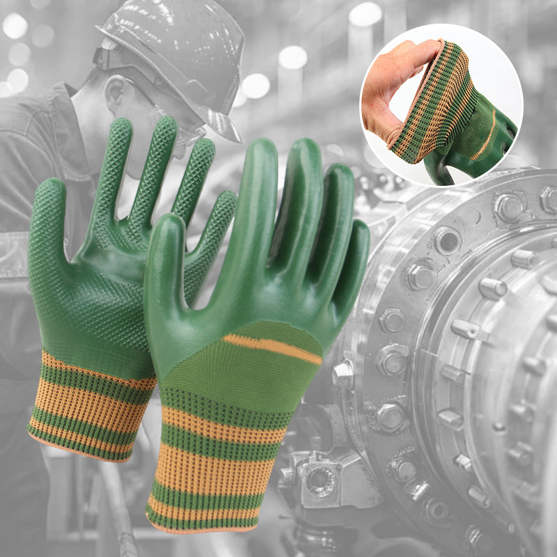Arenzza rubber coated work gloves with knit wrist cuff, suitable for tools and gardening tasks, shown in close-up.