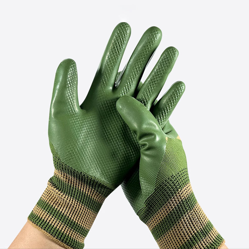 Arenzza rubber coated work gloves with knit wrist cuff, suitable for tools and gardening tasks, showing durable grip and flexible fit.