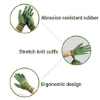 A pair of Arenzza rubber coated work gloves with knit wrist cuffs, suitable for tools and gardening tasks.
