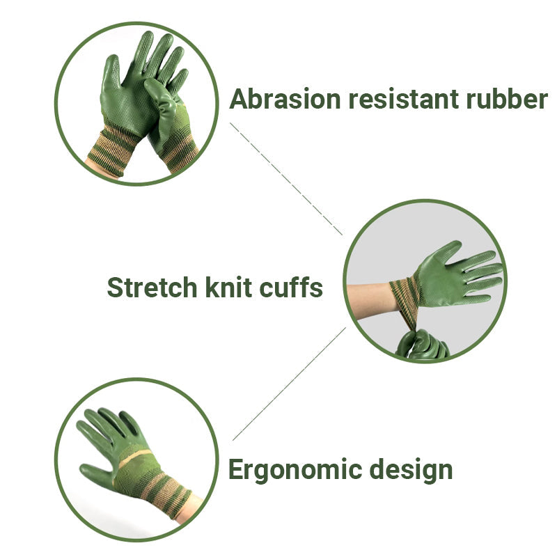 A pair of Arenzza rubber coated work gloves with knit wrist cuffs, suitable for tools and gardening tasks.
