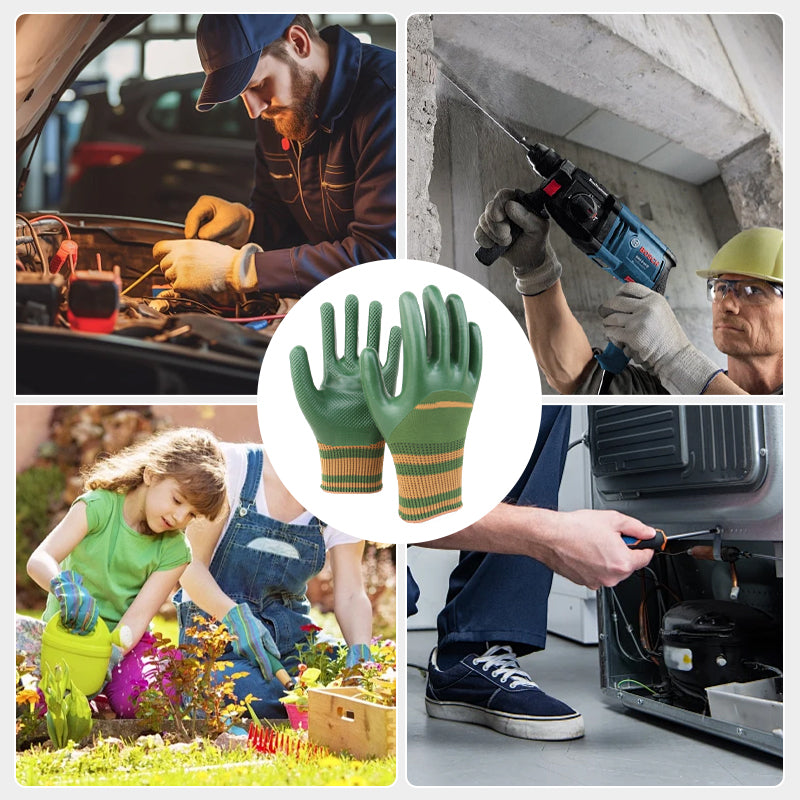 A pair of Arenzza rubber coated work gloves with knit wrist cuffs, suitable for tools and gardening tasks.
