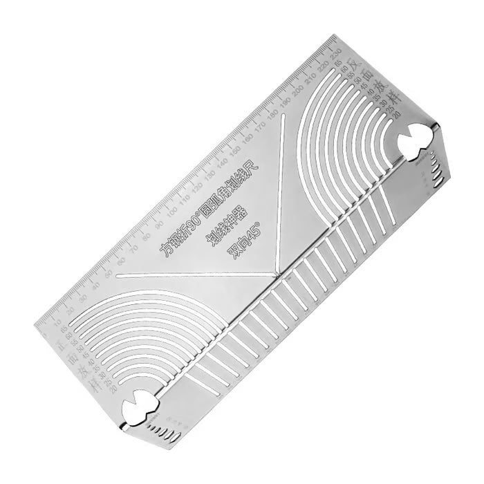 Arenzza square stainless steel 90° arc angle marking ruler for precise measurements in tools and garden projects.