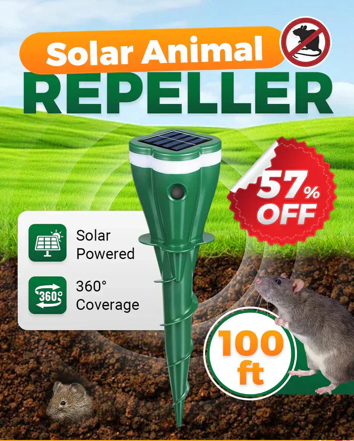 Arenzza solar-powered waterproof animal repellent tool for garden pest control, featuring solar panel and waterproof design.