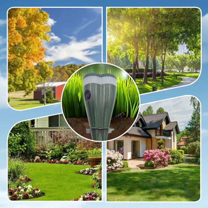 Arenzza solar-powered waterproof animal repellent tool for garden use, showing the device with solar panel and waterproof design.
