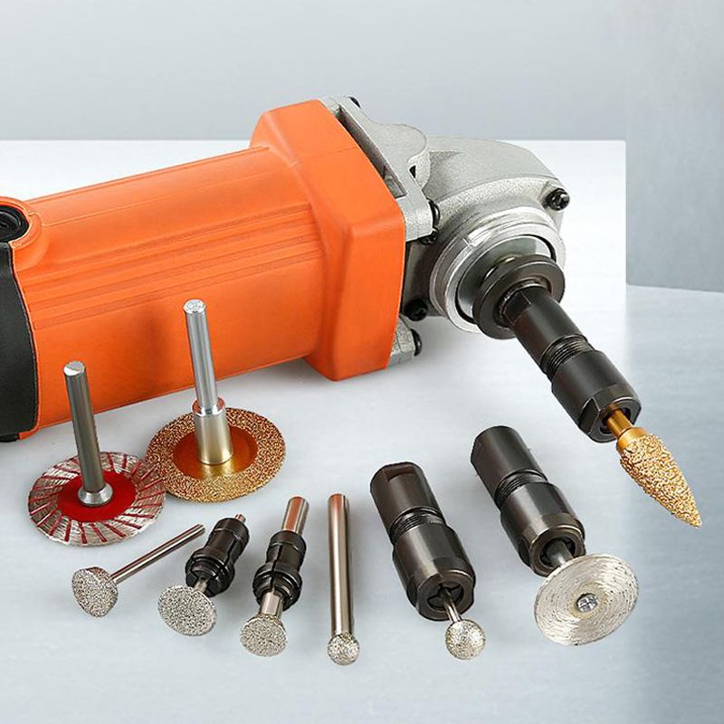 Arenzza angle grinder modified adapter for tools and garden use, shown attached to a power tool in a workshop setting.