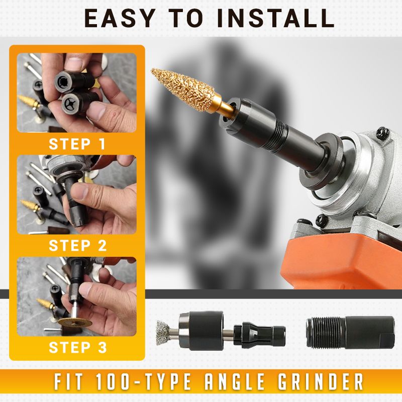Arenzza angle grinder modified adapter for tools and garden equipment, shown attached to a power tool in a workshop setting.