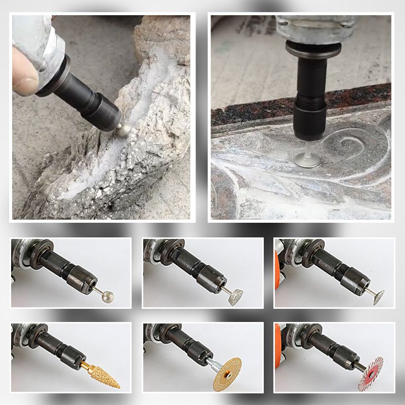 Arenzza angle grinder modified adapter for tools and garden equipment, shown with attached components on a work surface.