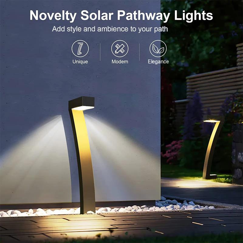 Arowzza waterproof solar pathway lights illuminating a garden walkway with warm LED glow, ideal for outdoor tools and garden lighting.