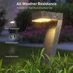 Aarenza waterproof solar pathway lights in a garden setting, with black stakes and clear plastic covers illuminating a pathway.