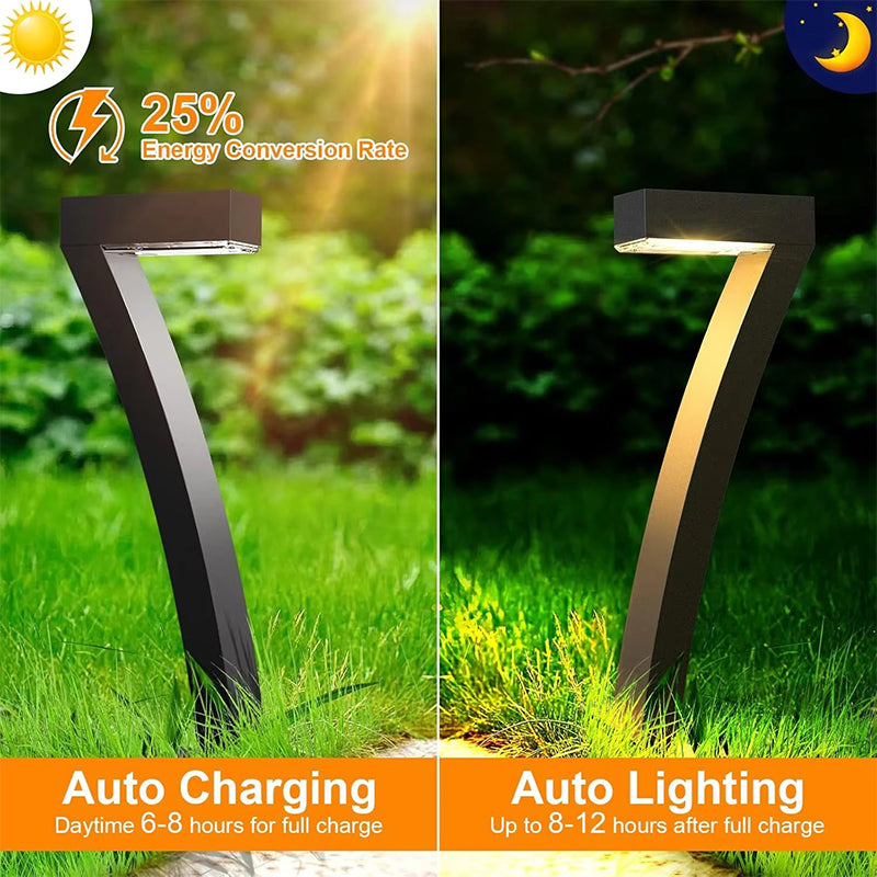Aarenza waterproof solar pathway lights in a garden setting, illuminating a stone pathway with bright LED lights.