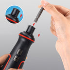 Arenzza cordless electric screwdriver set with multiple drill bits and attachments, displayed on a workbench.