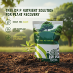 Arenzza Tree Drip Nutrient Solution for plant recovery, shown in a garden tool container with adjustable drip system.