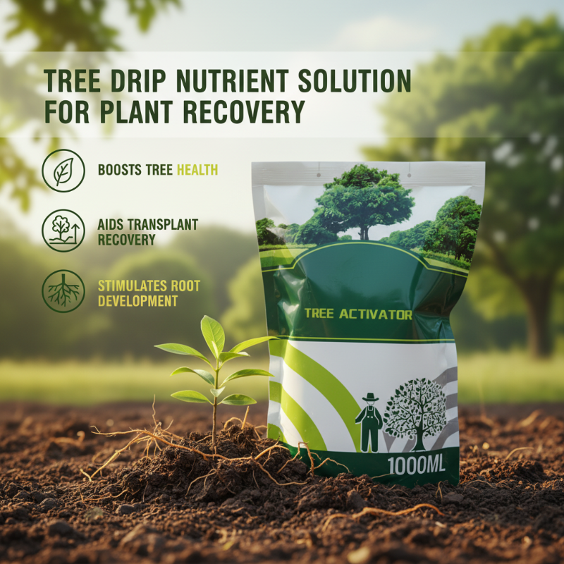 Arenzza Tree Drip Nutrient Solution for plant recovery, shown in a garden tool container with adjustable drip system.