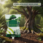 Arenzza Tree Drip Nutrient Solution bottle for plant recovery, with garden tools and nutrient labels visible in the image.