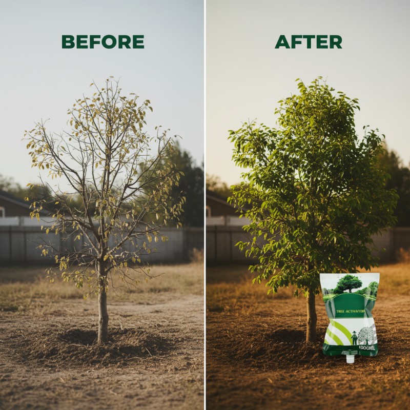 Arenzza Tree Drip Nutrient Solution for plant recovery, shown in a garden setting with gardening tools and healthy trees.