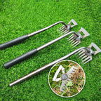 Arenzza manual weed remover tool for lawn and garden, showing a hand holding the stainless steel tool with weed in the garden.