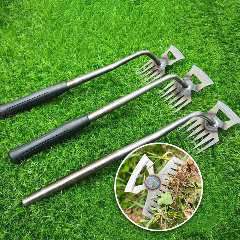 Arenzza manual weed remover tool for lawn and garden, showing a hand holding the stainless steel tool with weed in the garden.