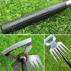 Arenzza manual weed remover tool for lawn and garden, featuring a sturdy handle and metal prongs for easy weed removal.