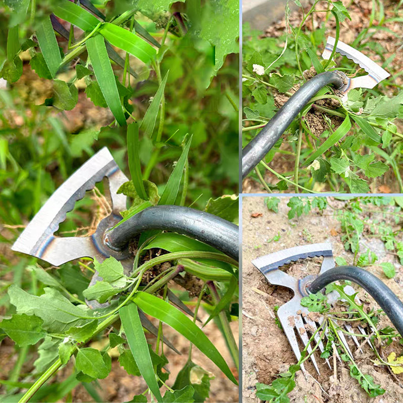 Arenzza manual weed remover tool for lawn and garden, featuring a sturdy handle and metal prongs for easy weed extraction.