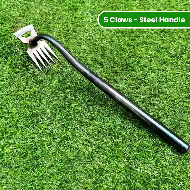 Arenzza manual weed remover tool for lawn and garden, with a sturdy handle and metal prongs for easy weed extraction.