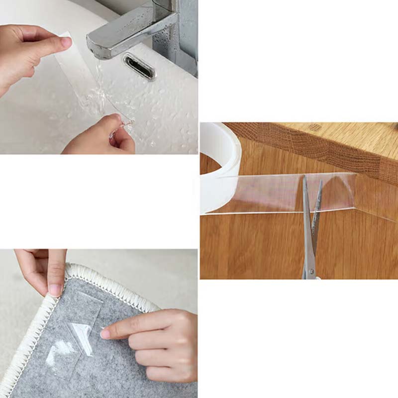 Arenzza removable strong clear double-sided tape shown on a roll, ideal for tools and garden projects with versatile adhesive strength.