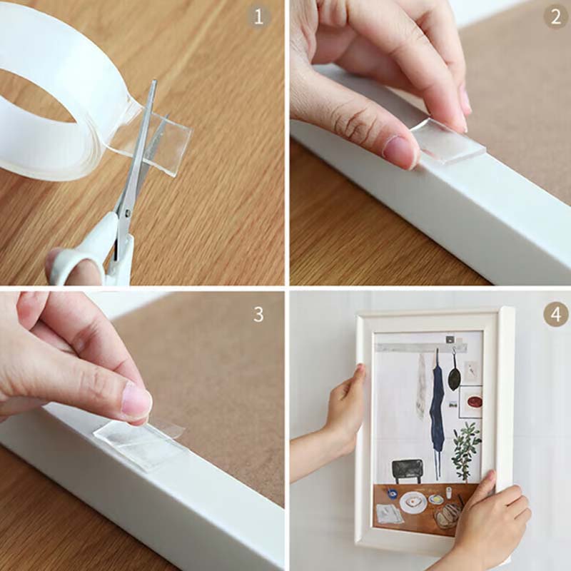 Arenzza clear double-sided tape for tools and garden use, showing the removable strong adhesive tape in a close-up view.