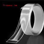 Arenzza removable strong clear double-sided tape for tools and garden use, shown rolled out on a surface with a hand applying it.