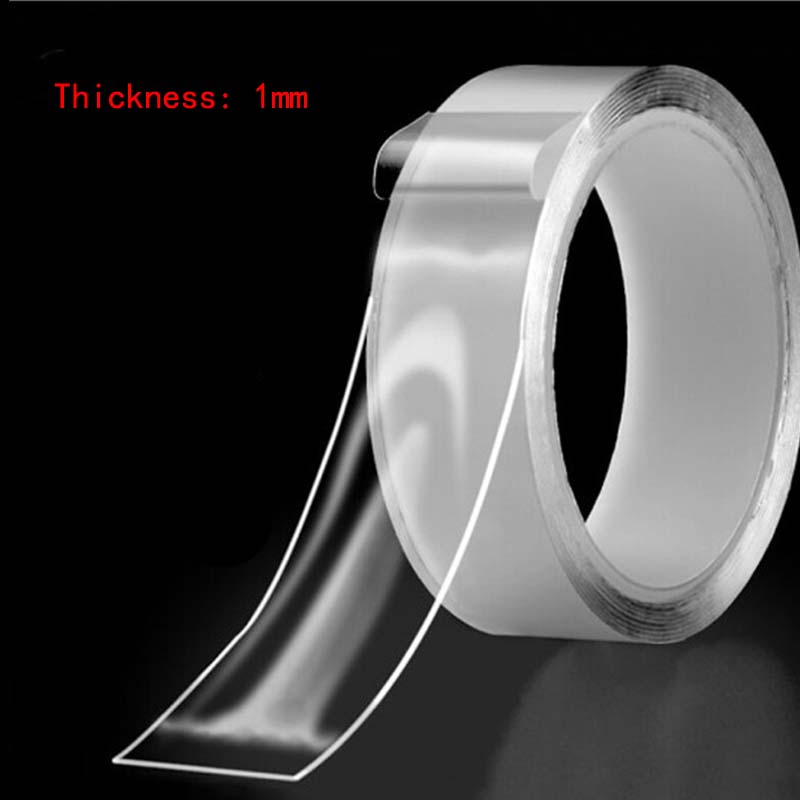 Arenzza removable strong clear double-sided tape for tools and garden use, shown rolled out on a surface with a hand applying it.