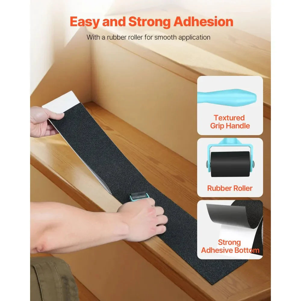 Arenzza non-slip stair tread tape with strong adhesive backing, suitable for indoor and outdoor use, shown on a staircase.