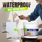Arenzza waterproof and mildew-resistant wall repair paste applied to a wall surface in a tools and garden setting.
