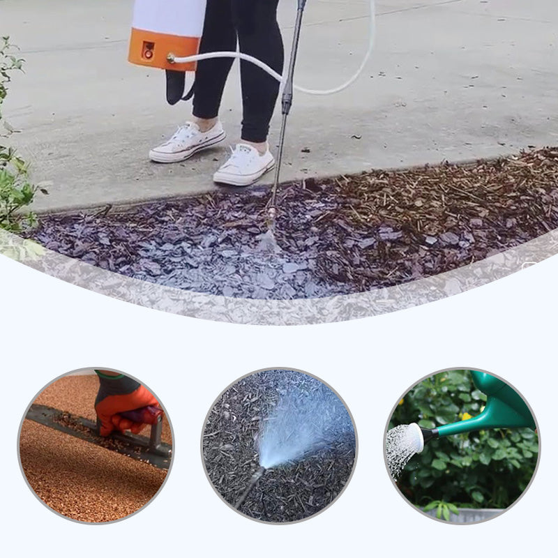 Arenzza mulch glue container for landscaping, long-lasting garden tool for adhering mulch and soil, in a garden setting.