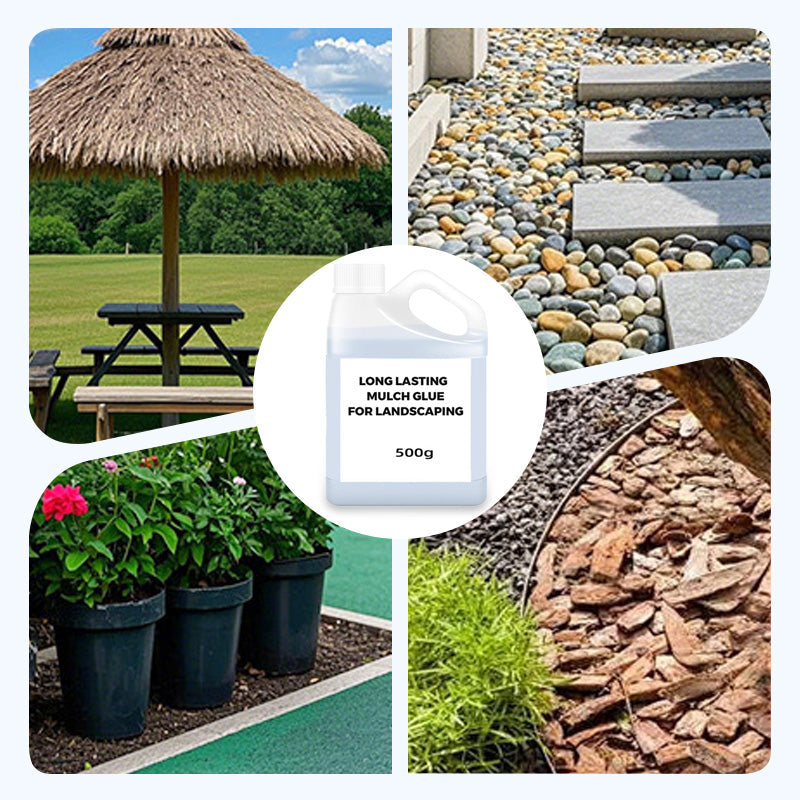 Arenzza mulch glue bottle for landscaping tools and garden use, designed to securely adhere mulch and soil in outdoor garden projects.