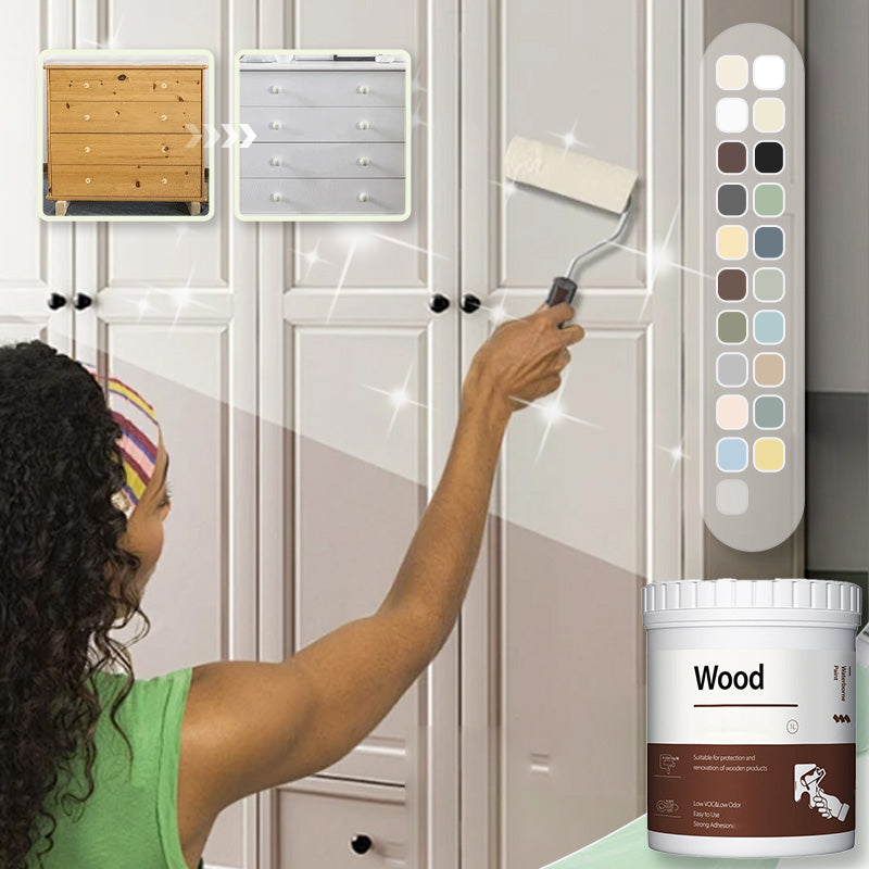 Arenzza water-based, odorless wood furniture repair and renovation paint container in a tools and garden setting.