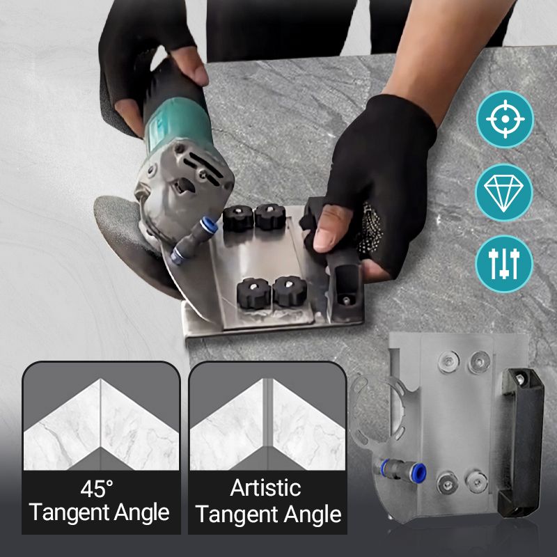 Arenzza angle grinder stand for tile chamfer cutting, showing the adjustable 45° support for precise tile edge finishing.