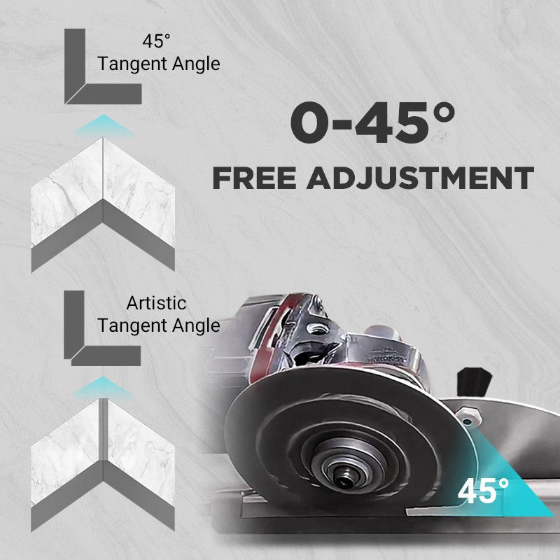Arenzza angle grinder stand for tile with 45° chamfer cutting, showcasing the tool mounted on a work surface for precise tile edging.
