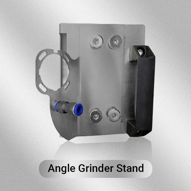 Arenzza angle grinder stand for tile with 45° chamfer cutting, showing the sturdy tool and adjustable guide for precise tile edging.