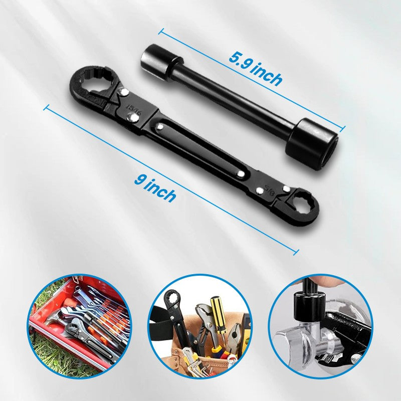 Arenzza professional plumbing wrench kit with adjustable wrenches and tools for plumbing repairs, laid out on a workbench.