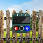 Arenzza solar-powered animal repeller with ultrasonic sound and flashing light for garden pest control, weatherproof and eco-friendly.