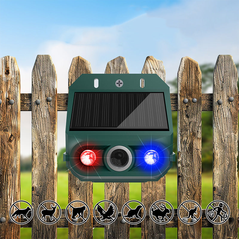 Arenzza solar-powered animal repeller with ultrasonic sound and flashing light for garden pest control, weatherproof and eco-friendly.