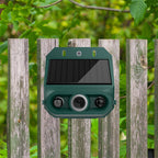 Arenzza solar-powered animal repeller with ultrasonic sound and flashing light, weatherproof for pest control in garden or outdoor areas.
