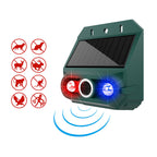 Arenzza solar-powered animal repeller with ultrasonic sound and flashing light, weatherproof pest control device for garden protection.