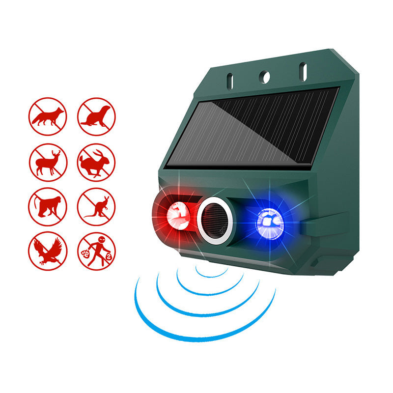 Arenzza solar-powered animal repeller with ultrasonic sound and flashing light, weatherproof pest control device for garden protection.