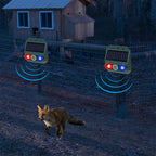 Arenzza solar-powered animal repeller with ultrasonic sound and flashing light, weatherproof pest control tool for garden protection.